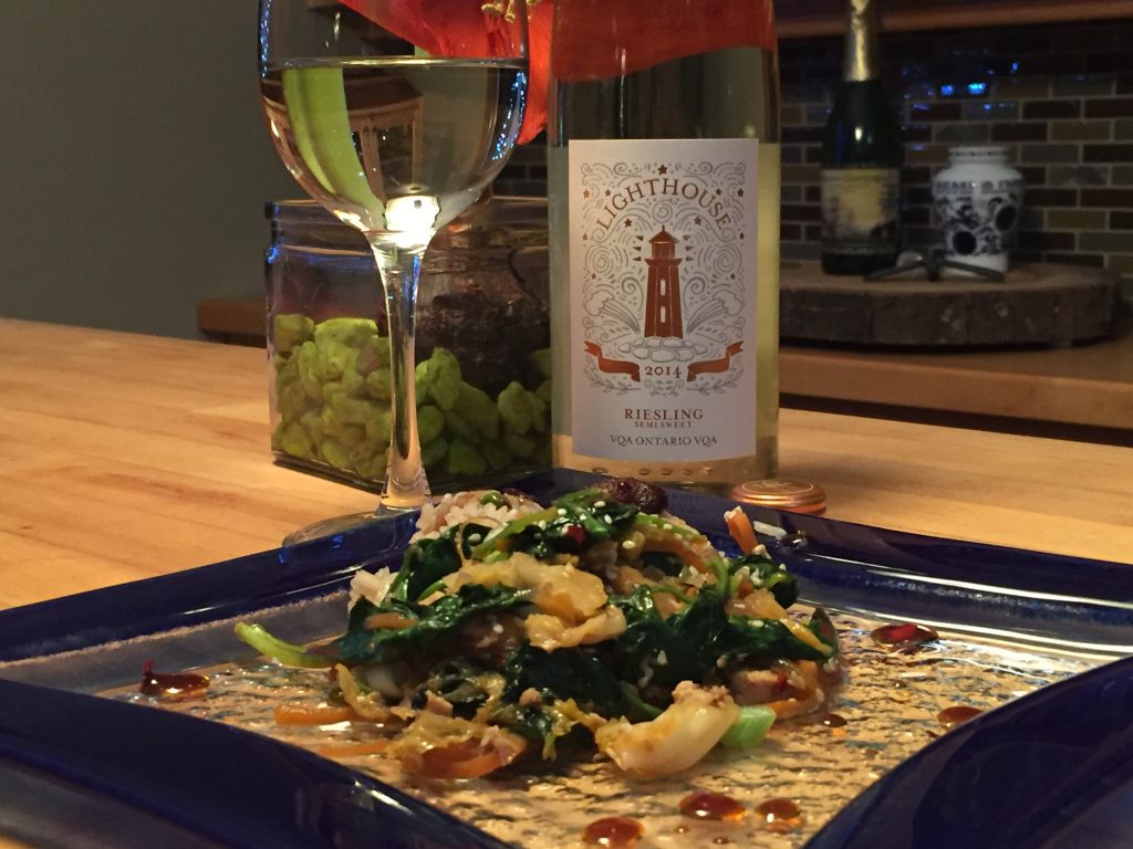 March 5, 2017 Pelee Island Winery 2014 Lighthouse Riesling with Duck Kale Stir Fry.
