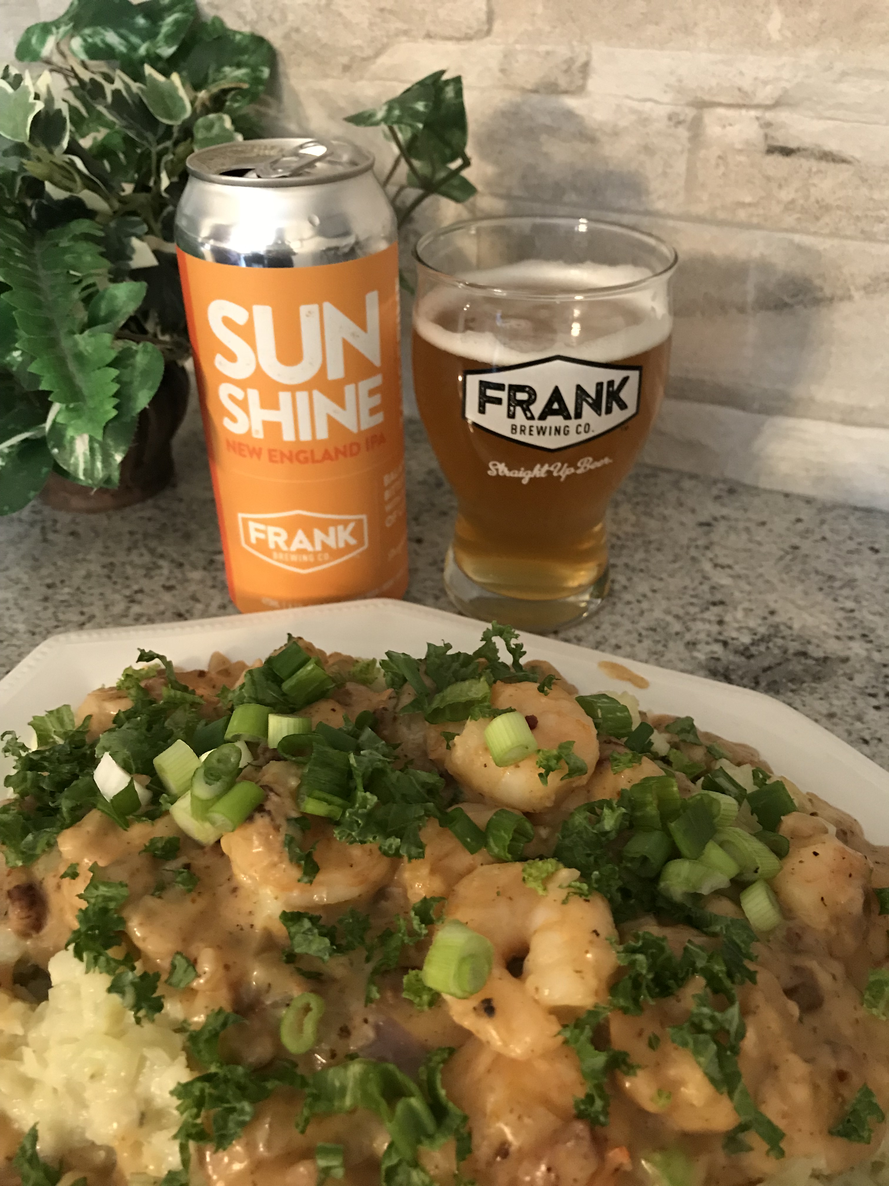 Frank Brewing Co. New England Sunshine IPA with Cheesy Shrimp and Cauliflower Mash.