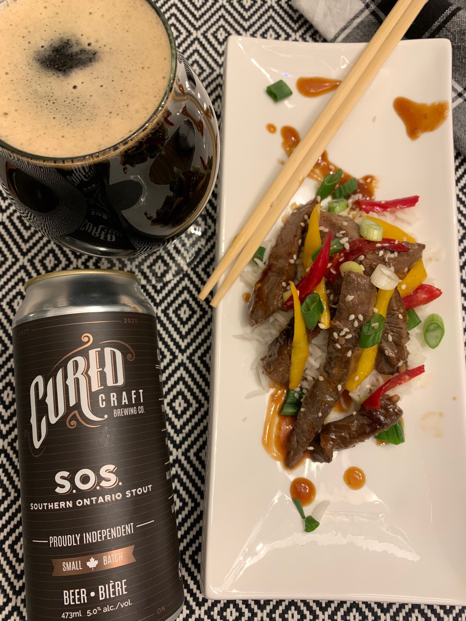 Featured image for “Cured Craft Brewing Co. S.O.S. Oatmeal Stout with Spicy Beef Szechuan.”