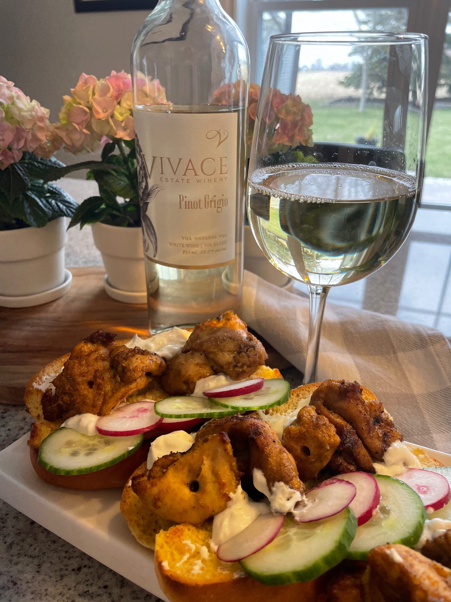 Featured image for “Vivace Estate Winery Pinot Grigio with Shawarma on a Bun with Yogurt-Tahini Sauce.”