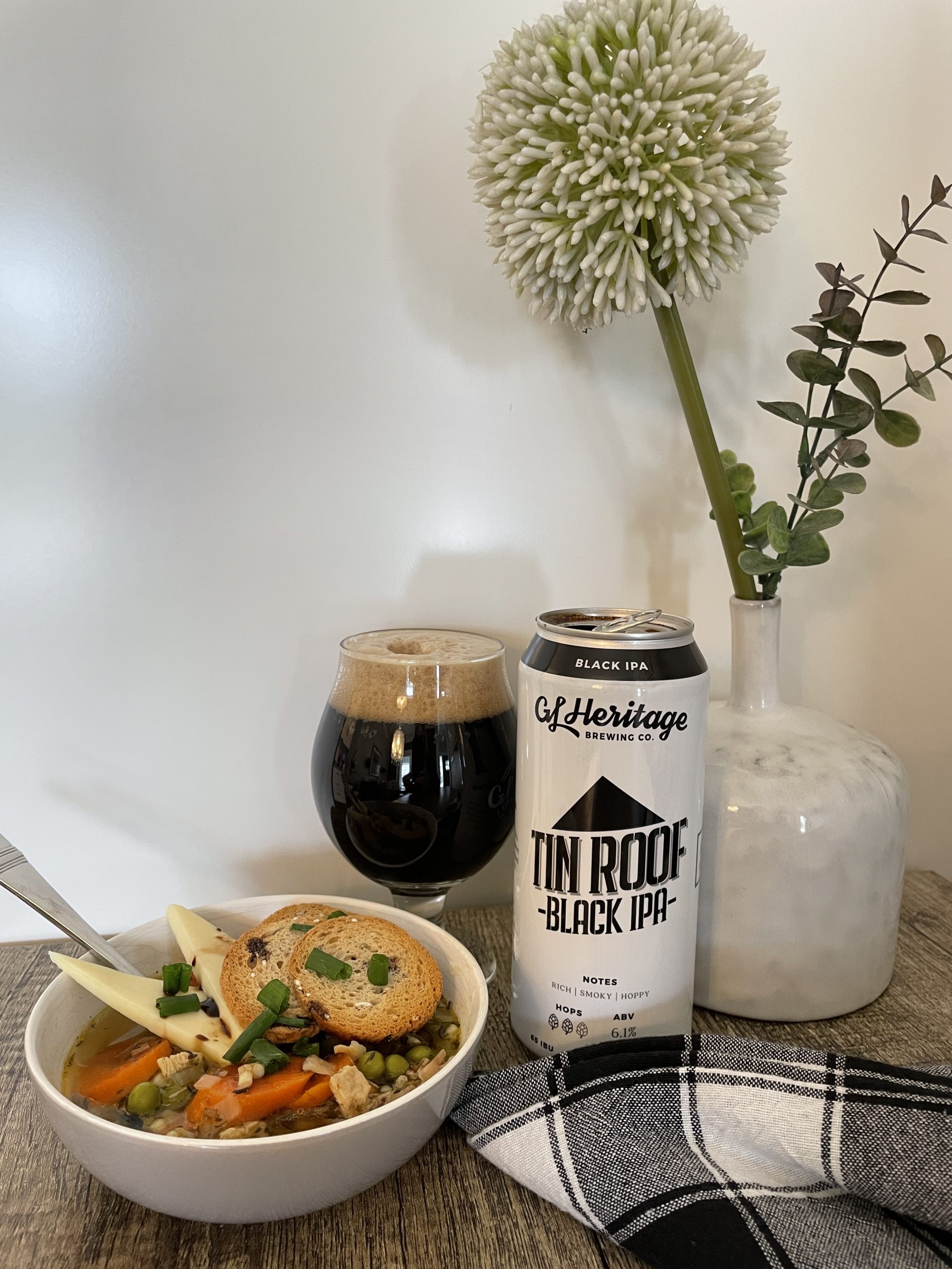 Featured image for “GL Heritage Black IPA Tin Roof with Chicken Vegetable Soup.”