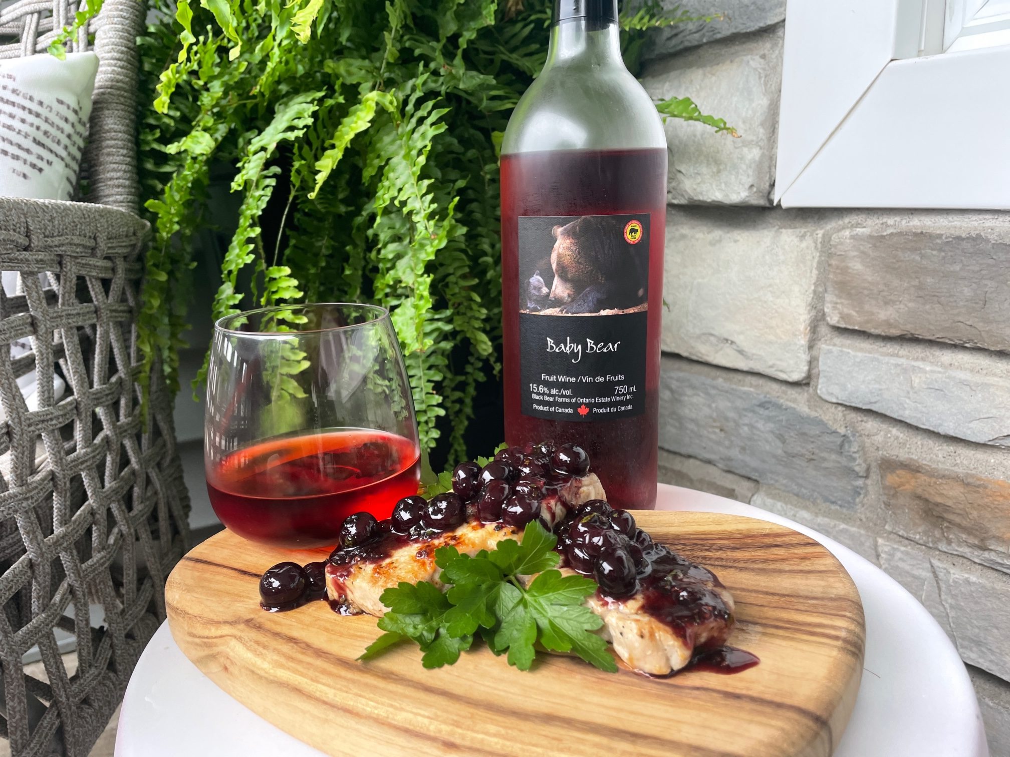 Featured image for “Black Bear Farms Baby Bear Fruit Wine with Pork and Blueberry Herb Sauce”
