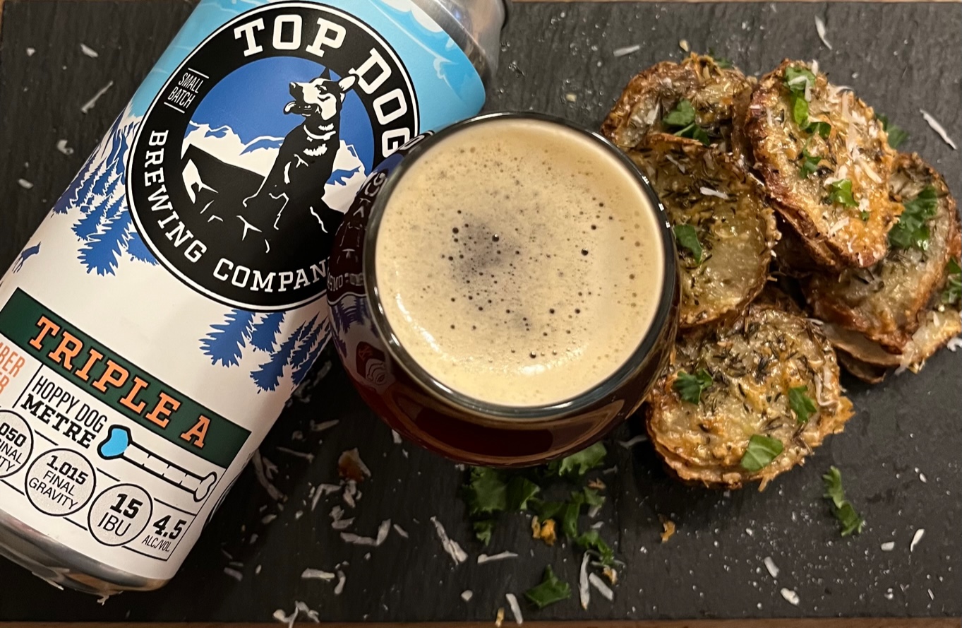 Featured image for “Top Dog Brewing Company Triple A Amber Lager with Crispy Cheesy Potato Stacks.”
