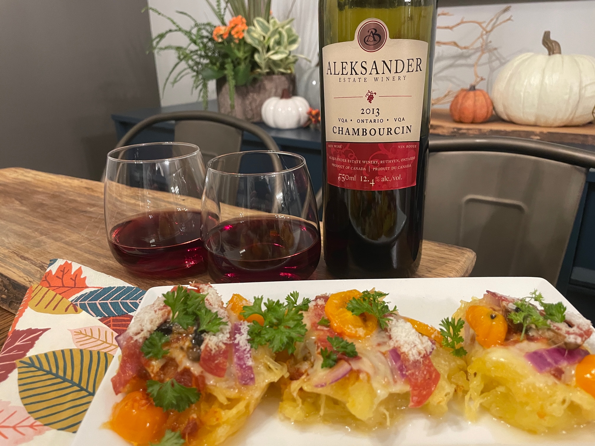 Featured image for “Aleksander Estate Winery 2013 Chambourcin with Spaghetti Squash Pizza Bundles”