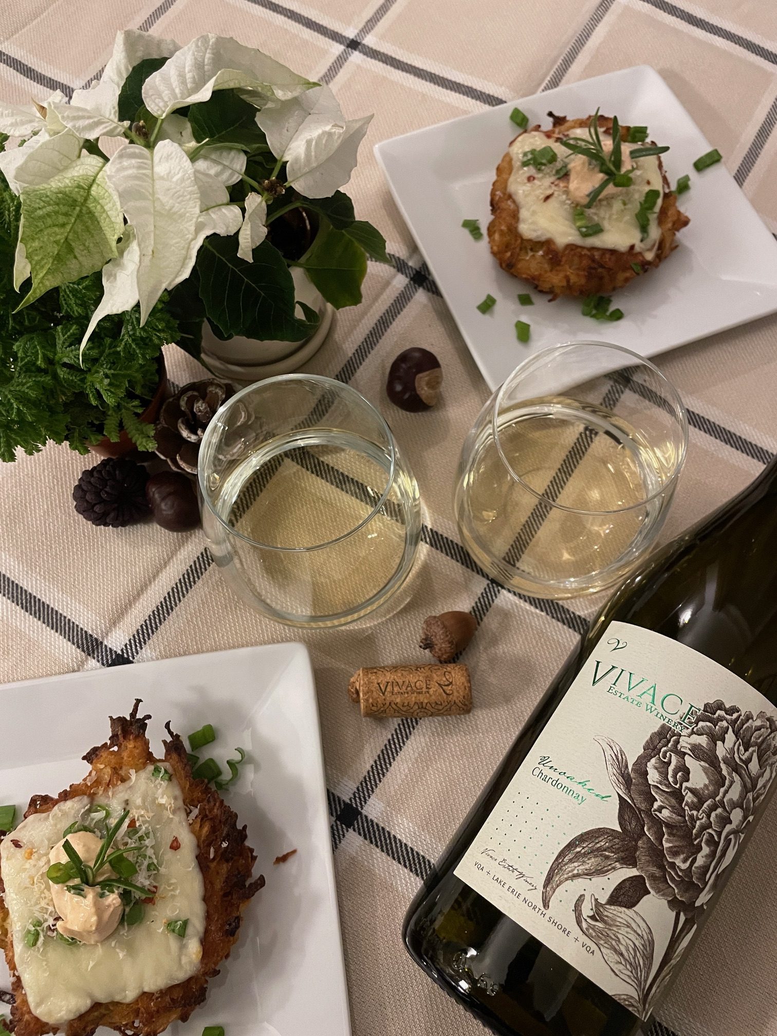 Featured image for “Viavace Estate Winery 2021 Unoaked Chardonnay VQA with Pizza Latkes.”